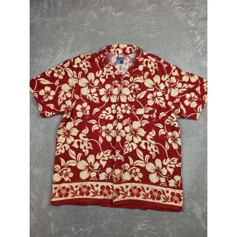 Vintage Quiksilver Button Up Shirt Mens XL Red Hibiscus Floral Hawaiian USA Made